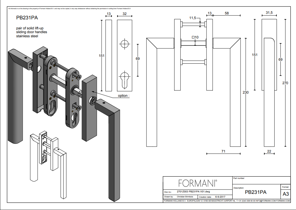 Formani | PB231PA | TWO | Massief | Hefschuifdeurbeslag kruk/kruk | Mat RVS