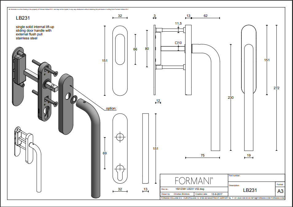 Formani | LB231 | BASICS | Massief | Hefschuifdeurbeslag kruk/kom | PVD Mat goud