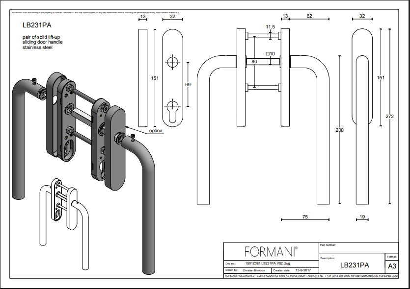 Formani | LB231PA | BASICS | Massief | Hefschuifdeurbeslag kruk/kruk | Mat RVS