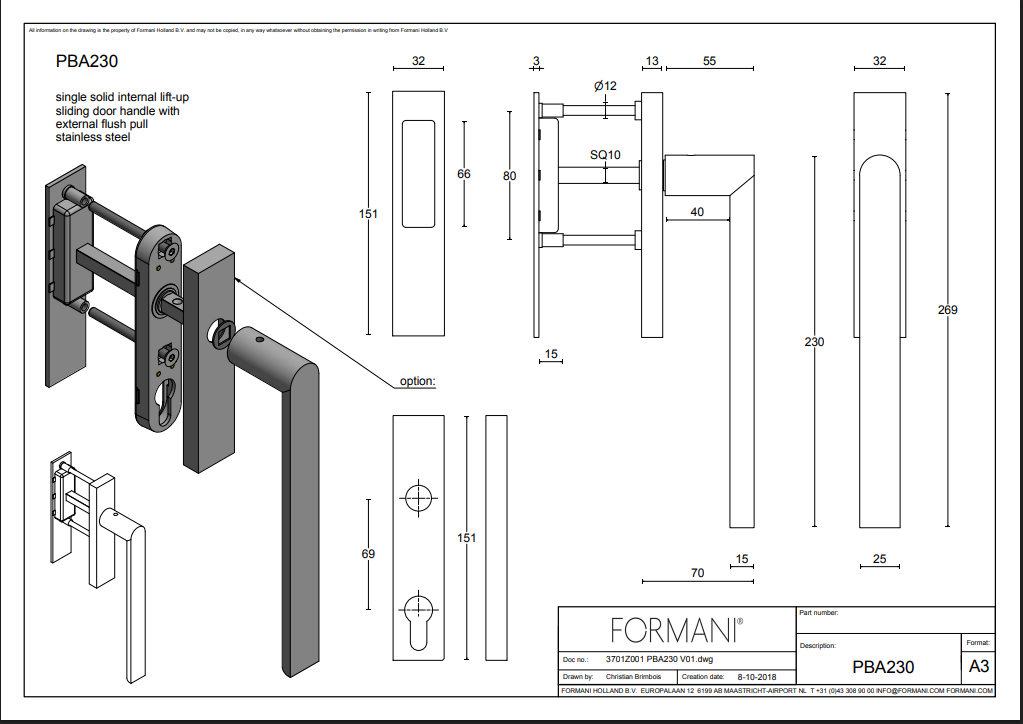 Formani | PBA230 | BASICS | Massief | Hefschuifdeurbeslag kruk/kom | Brons
