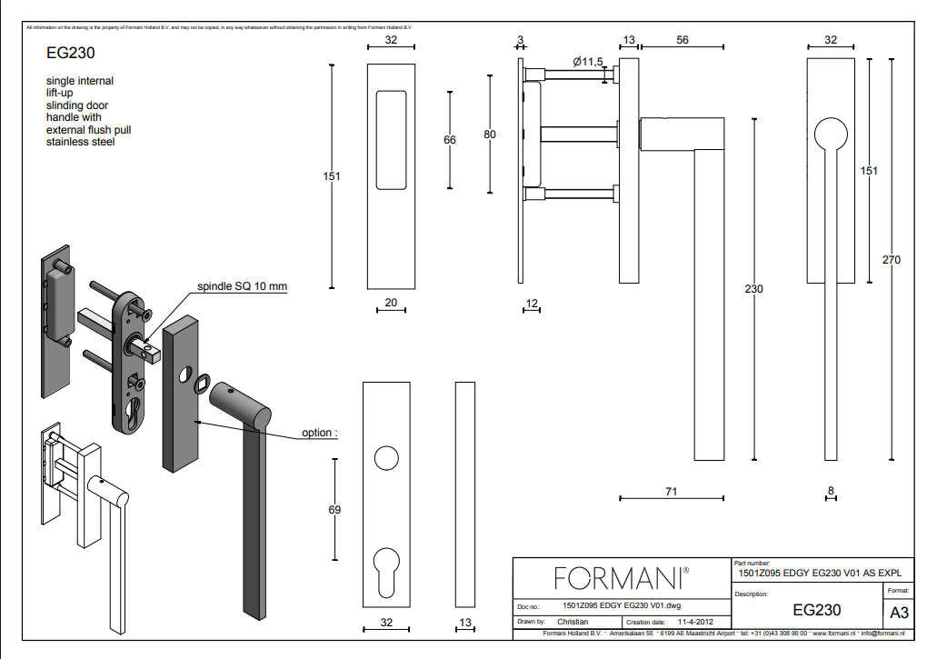 Formani | EG230 | EDGY | Massief | Hefschuifdeurbeslag kruk/kom | Mat RVS