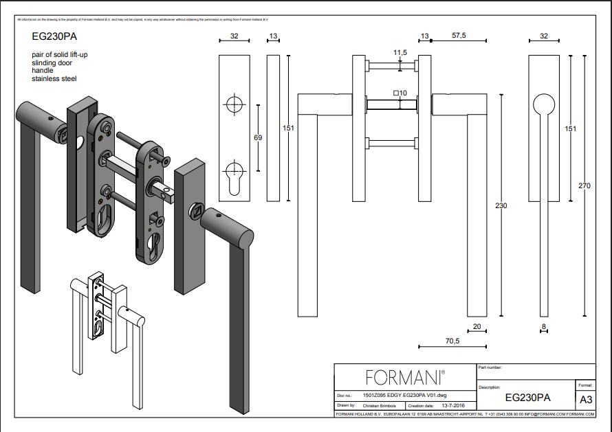 Formani | EG230PA | EDGY | Massief | Hefschuifdeurbeslag kruk/kruk | Mat RVS