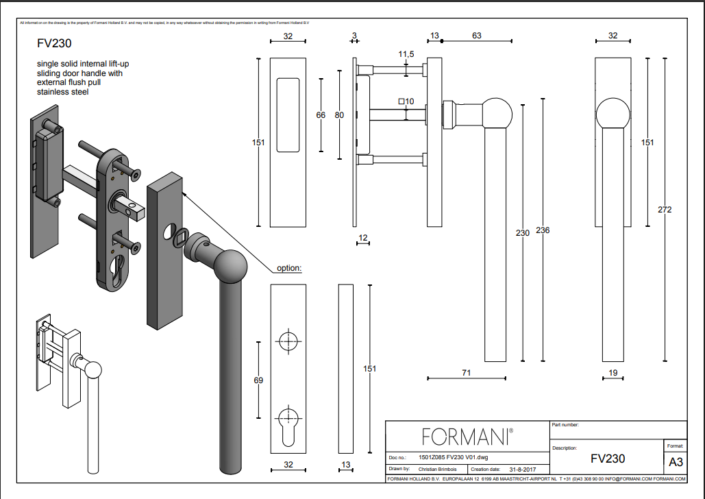 Formani | FV230 | FERROVIA | Massief | Hefschuifdeurbeslag kruk/kruk | Gepolijst RVS