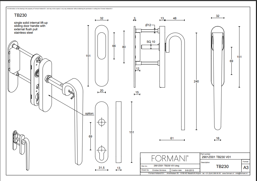 Formani | TB230 | FOLD | Massief | Hefschuifdeurbeslag kruk/kom | Mat RVS