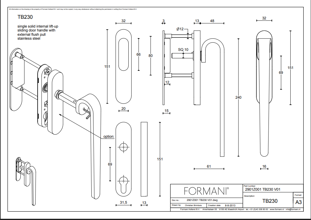 Formani | TB230PA | FOLD | Massief | Hefschuifdeurbeslag kruk/kruk | Mat RVS