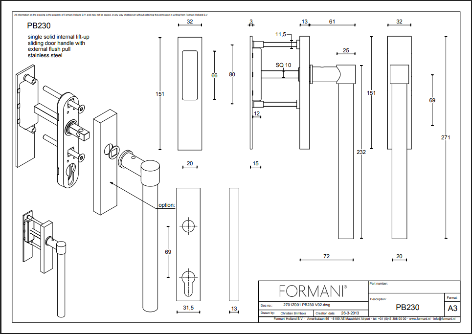 Formani | PB230 | ONE | Massief | Hefschuifdeurbeslag kruk/kom | Mat RVS