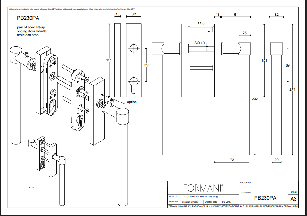 Formani | PB230PA | ONE | Massief | Hefschuifdeurbeslag kruk/kruk | Mat RVS