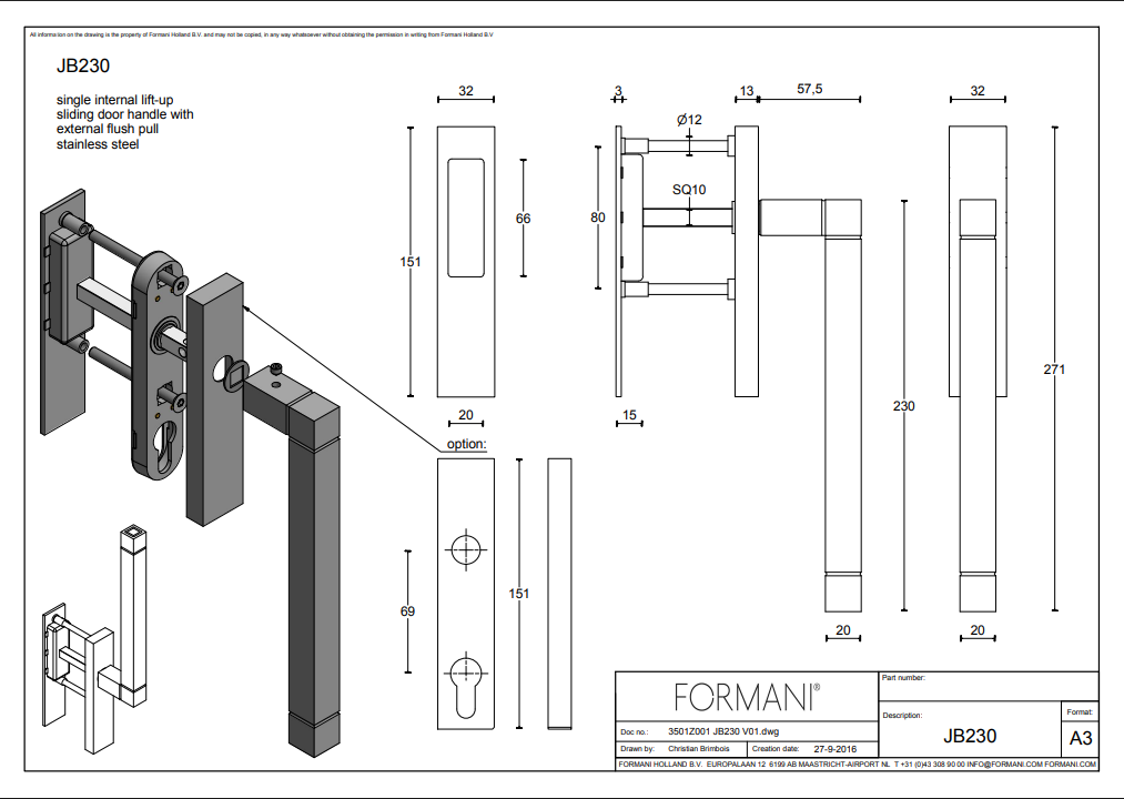 Formani | JB230 | SQUARE | Massief | Hefschuifdeurbeslag kruk/kom | Mat RVS
