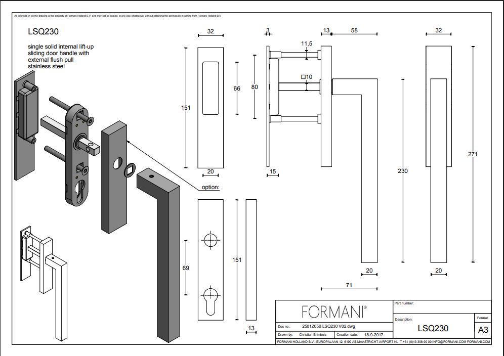 Formani | LSQ230 | SQUARE | Massief | Hefschuifdeurbeslag kruk/kom | Mat RVS