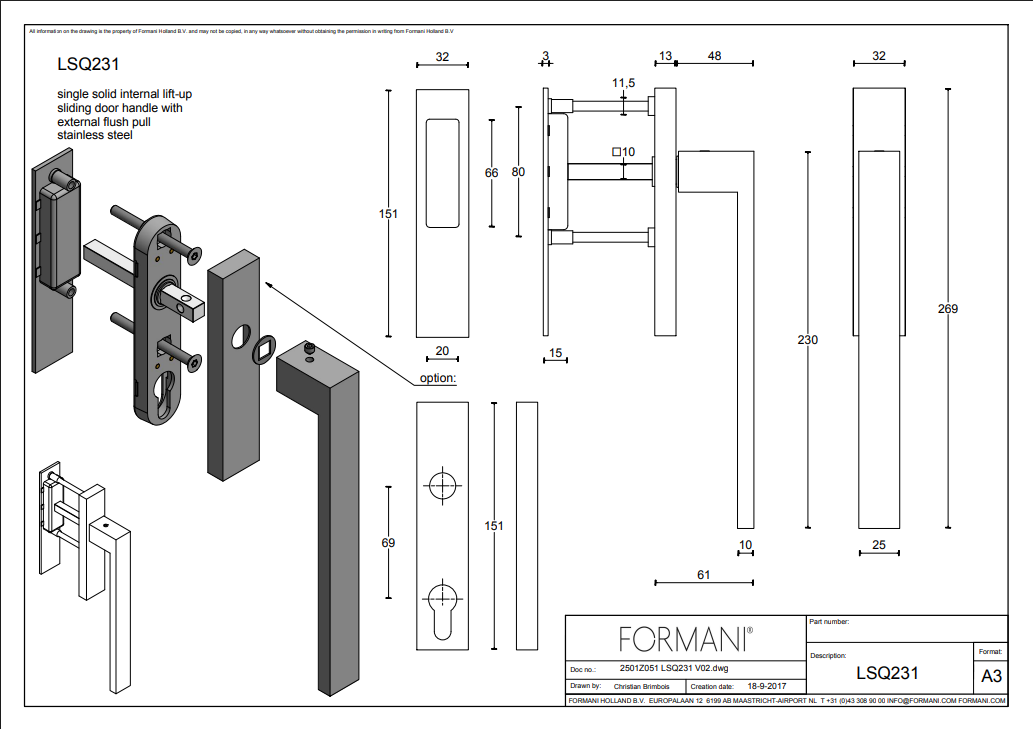 Formani | LSQ231 | SQUARE | Massief | Hefschuifdeurbeslag kruk/kom | Mat RVS