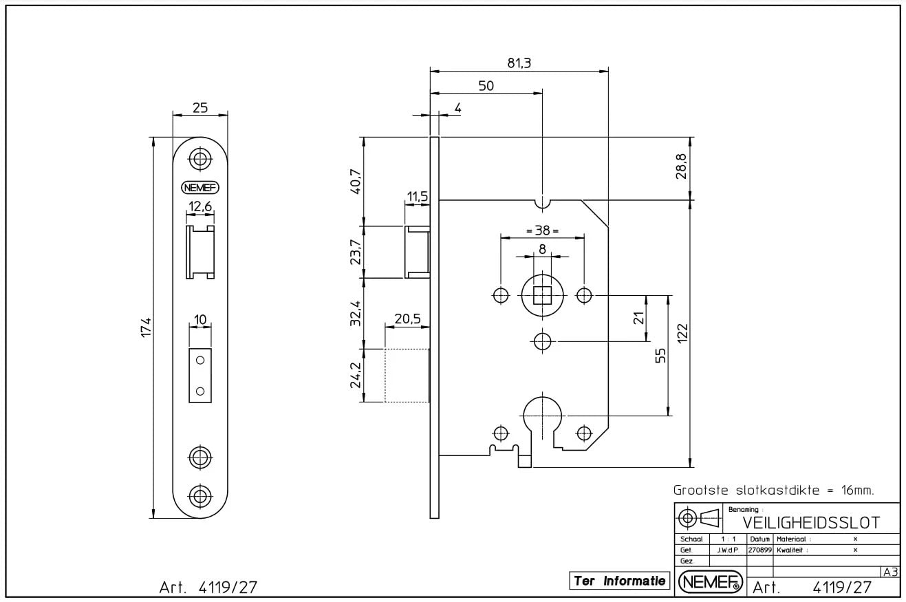 Technische tekening Nemef Deurslot 4119/27