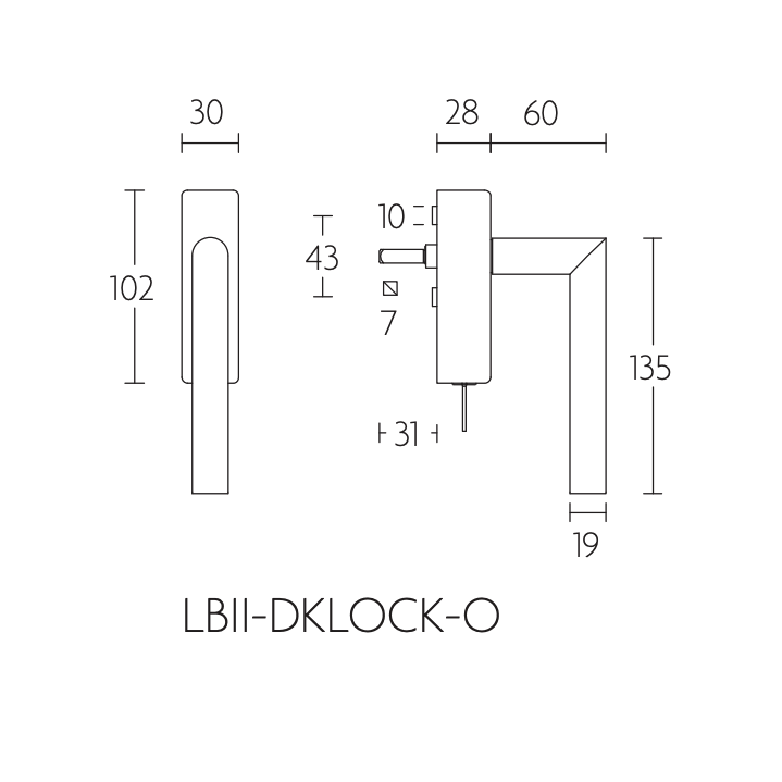 Werktekening Formani LB2-DKLOCK-O draaikiepgarnituur afsluitbaar mat zwart rechts/links draaiend