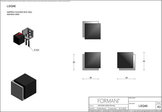 Formani | Deurstoppen Vloer | LSQ46 | 44mm | Mat Roestvast Staal