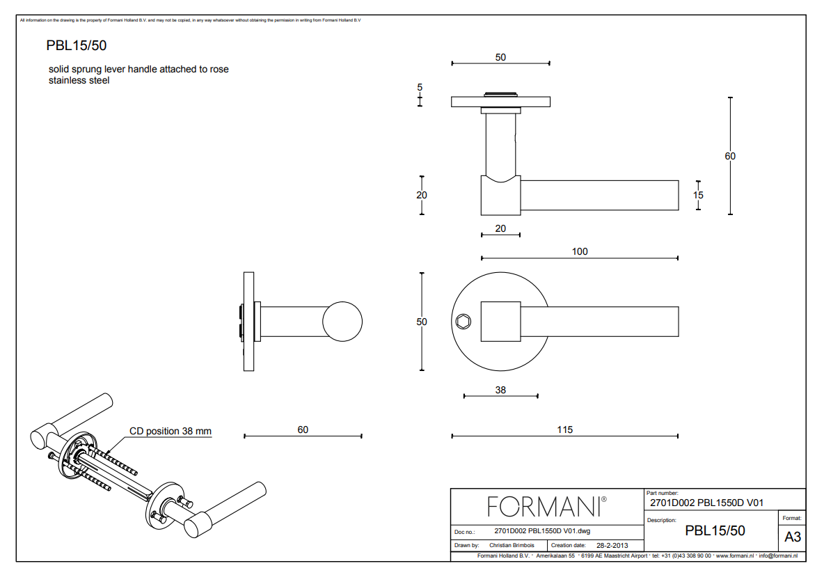 Formani | Deurkruk | Piet Boon | PBL15/50 | PVD champagne - Deurbeslag-expert