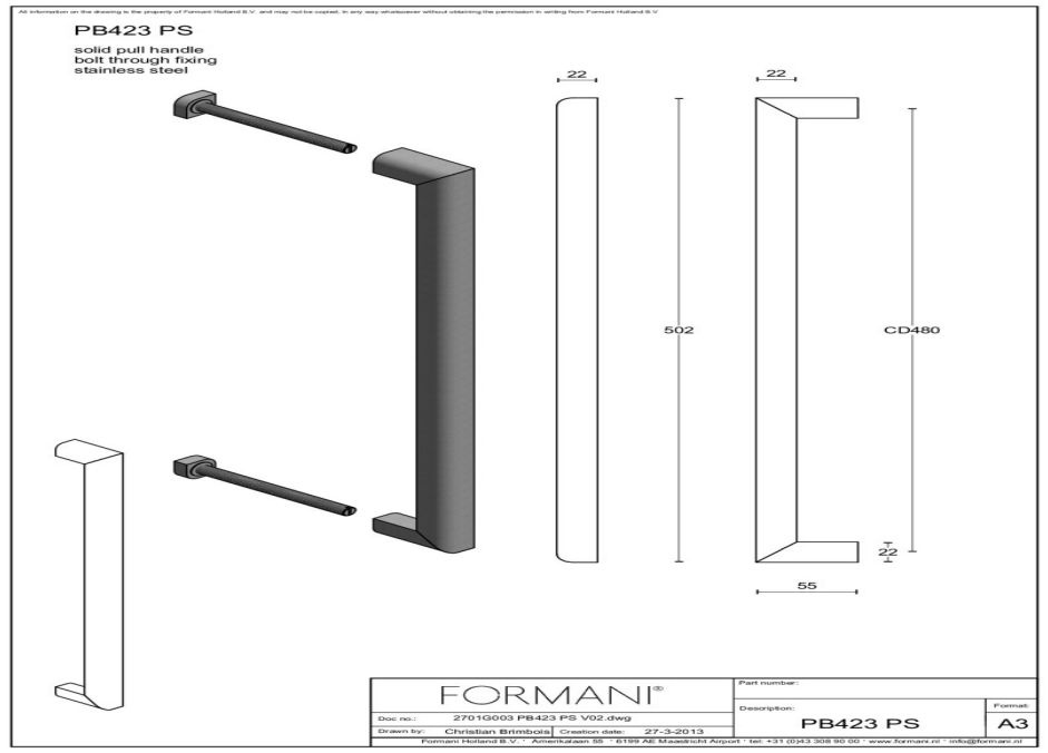 Formani | PB423 PS | Deurgreep | mat roestvast staal
