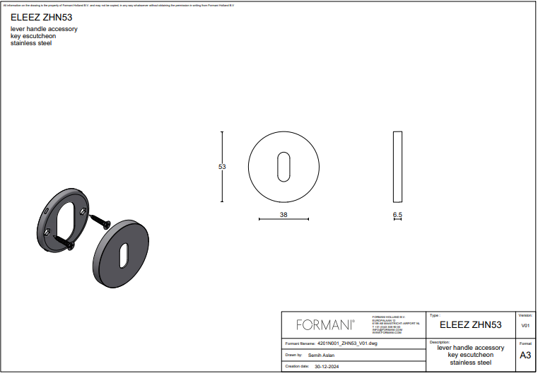 Formani | Sleutelplaatje | ZHN53 | 53mm | PVD licht brons