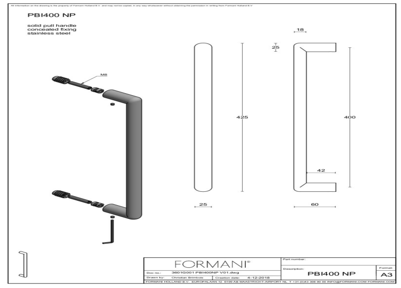Formani | PBI400 NP | Deurgreep | mat roestvast staal