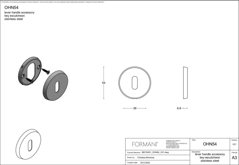 Formani | Sleutelplaatje | OHN54 | 54mm | mat roestvast staal