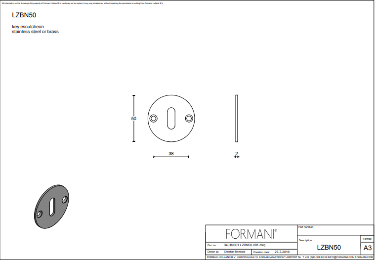 Formani | Sleutelplaatje | LZBN50 | 50mm | gepolijst roestvast staal