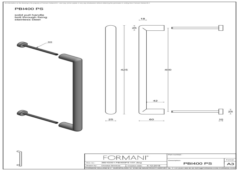 Formani | PBI400 PS | Deurgreep | mat roestvast staal