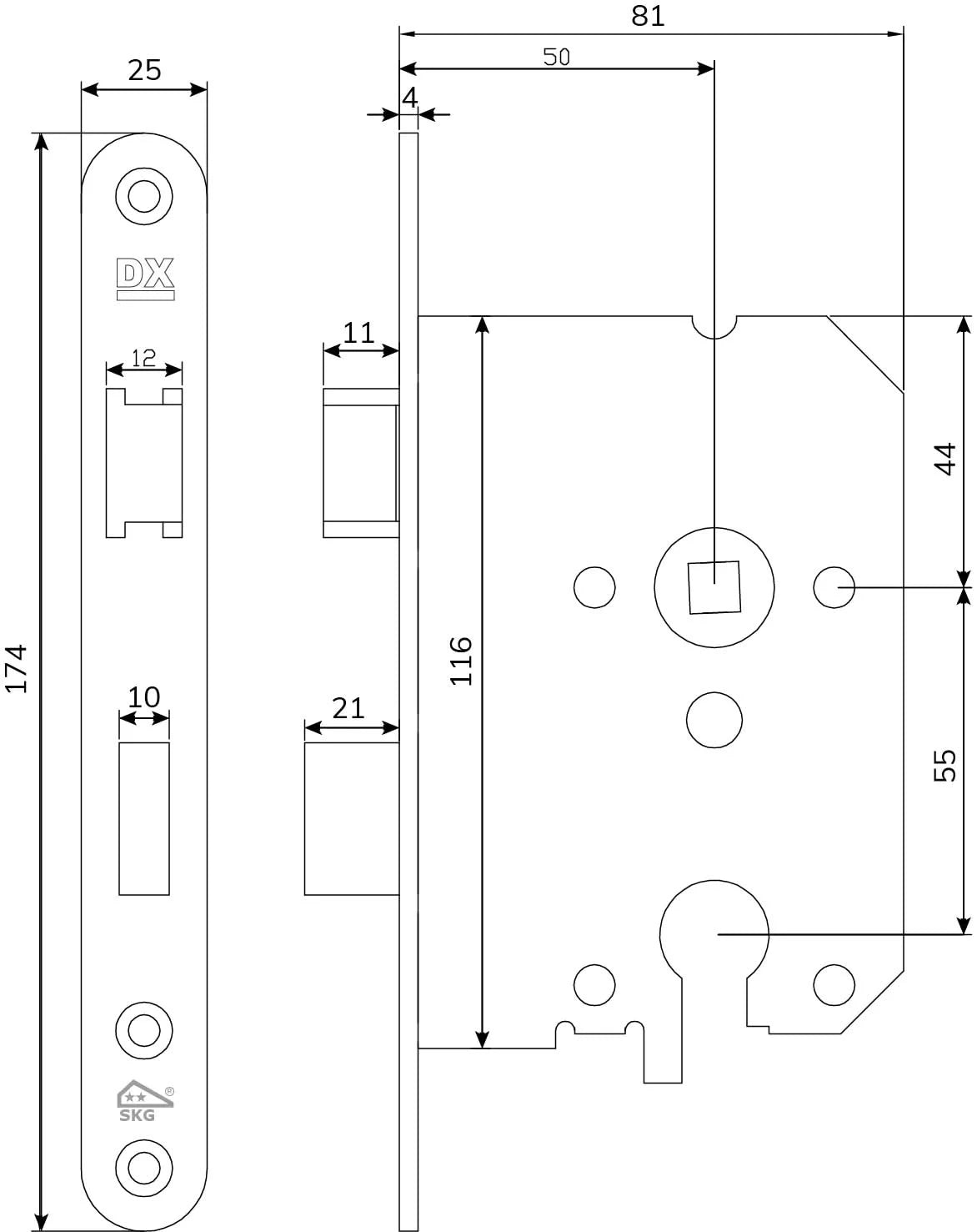 Dulimex Veiligheidsinsteekslot PC55 SKG**® ronde voorplaat RVS lijntekening