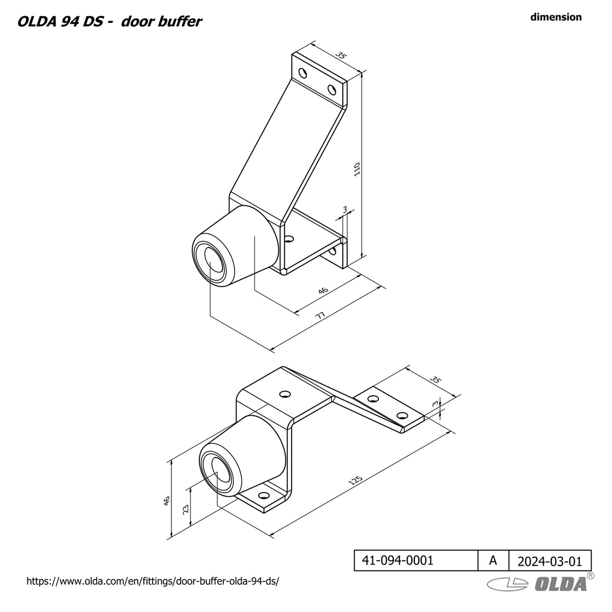 Dulimex deurstopper 94 DS grijs staal, technische tekening met maatvoering