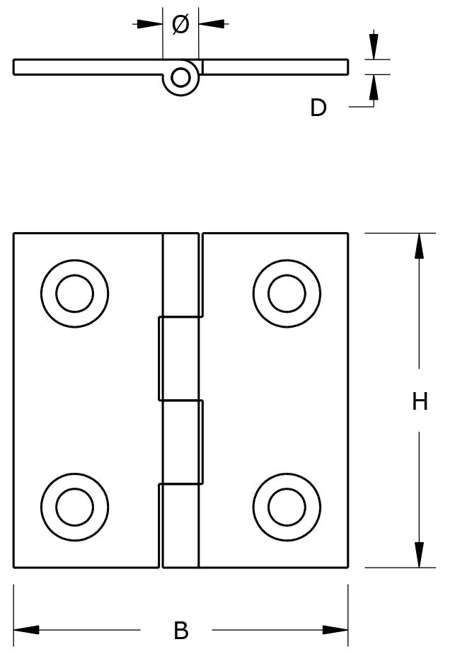 Dulimex smalscharnier massief messing 30x25 mm - technische tekening met maatvoering