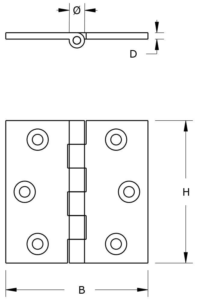 Dulimex smalscharnier massief messing 60x50 mm - technische tekening met maatvoering