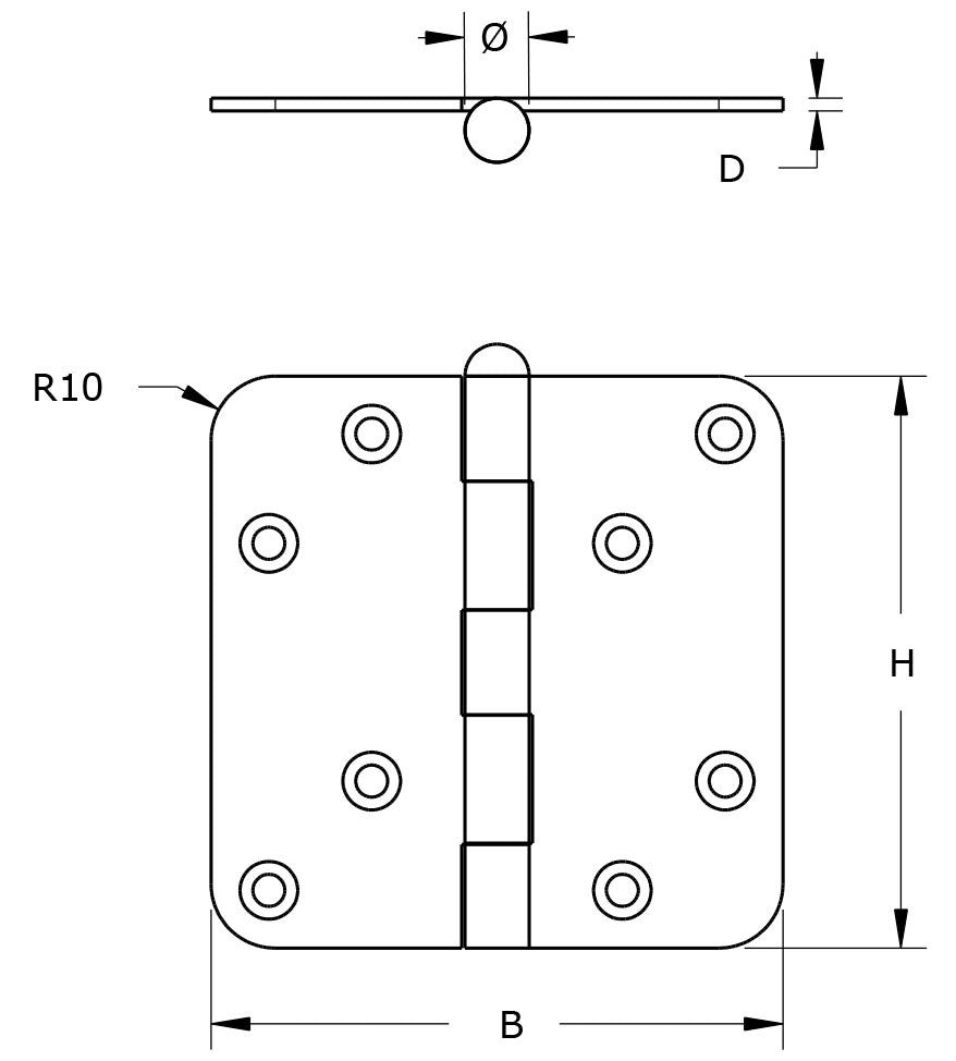 DX scharnier 76x76 mm verzinkt - technische tekening met maatvoering