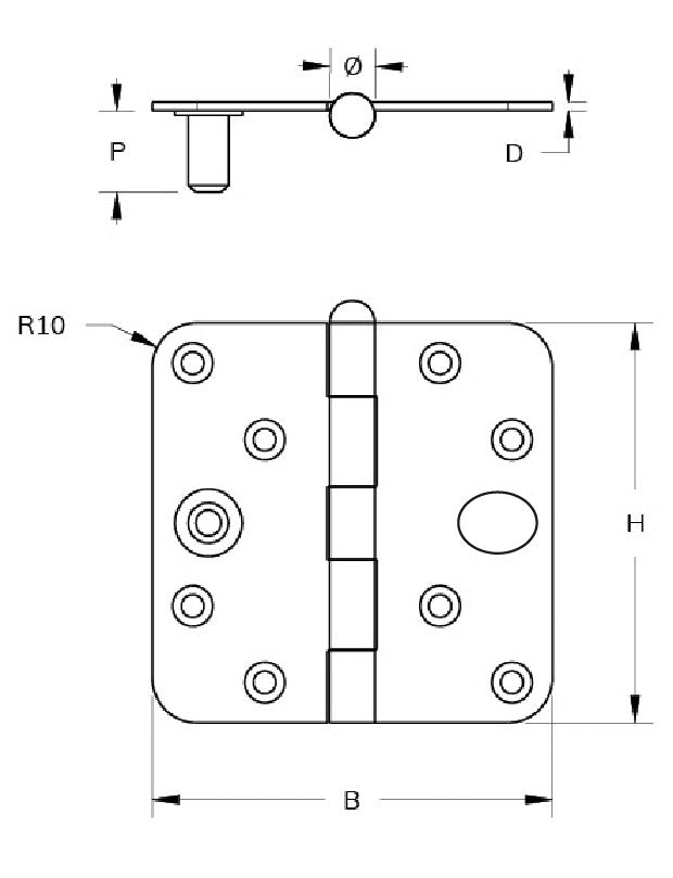 Dulimex scharnier 89x89 mm verzinkt ronde hoeken - technische tekening met maatvoering
