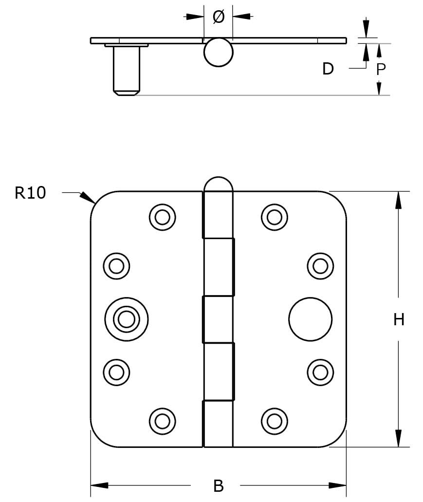 Dulimex scharnier 89x89 mm RVS geborsteld - technische tekening met maatvoering
