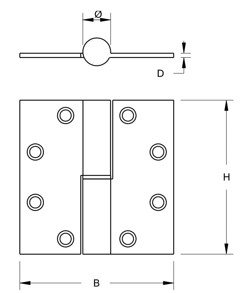 Dulimex DX kogelstiftpaumelle 89x89 mm links, technische tekening met maatvoering