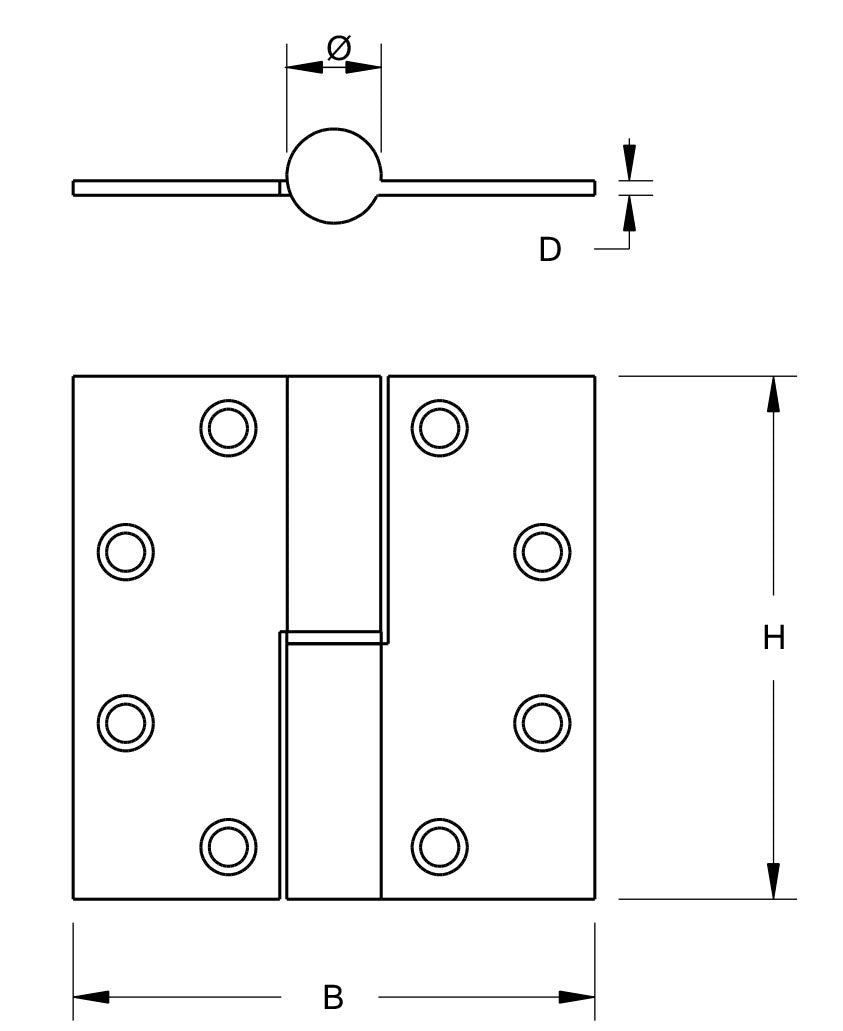 Dulimex DX kogelstiftpaumelle 89x89 mm rechts, technische tekening met maatvoering