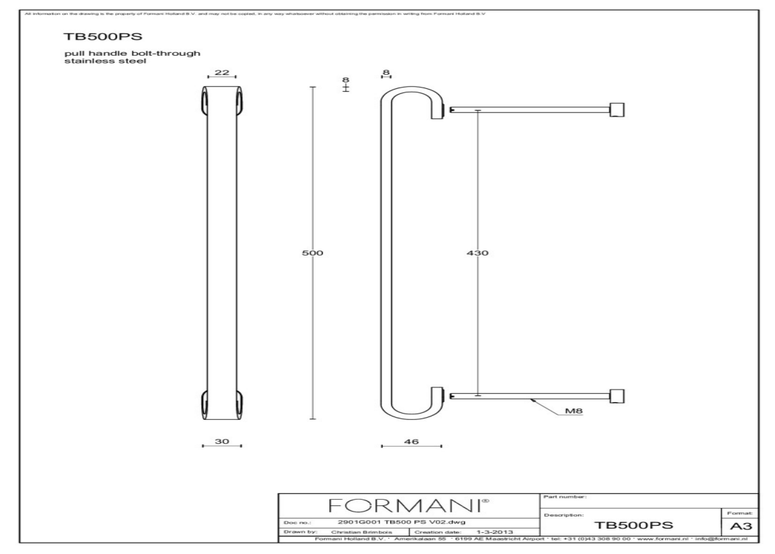 Formani | TB500PS | Deurgreep | mat roestvast staal