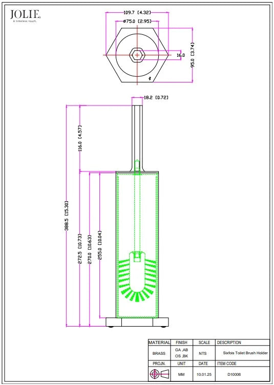 Jolie Six Fois toiletborstel antiek goud technische tekening met maatvoering