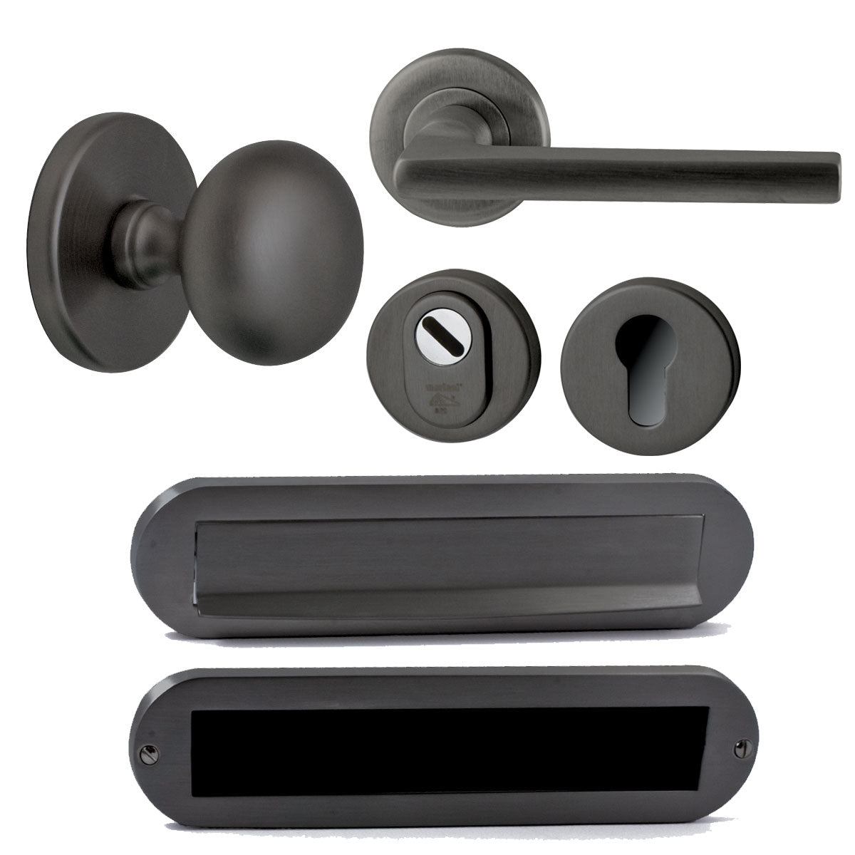 Hardbrass Voordeurset Iris/Sara compleet rechtswijzend SKG3 | PVD Gun Metal - Deurbeslag-expert