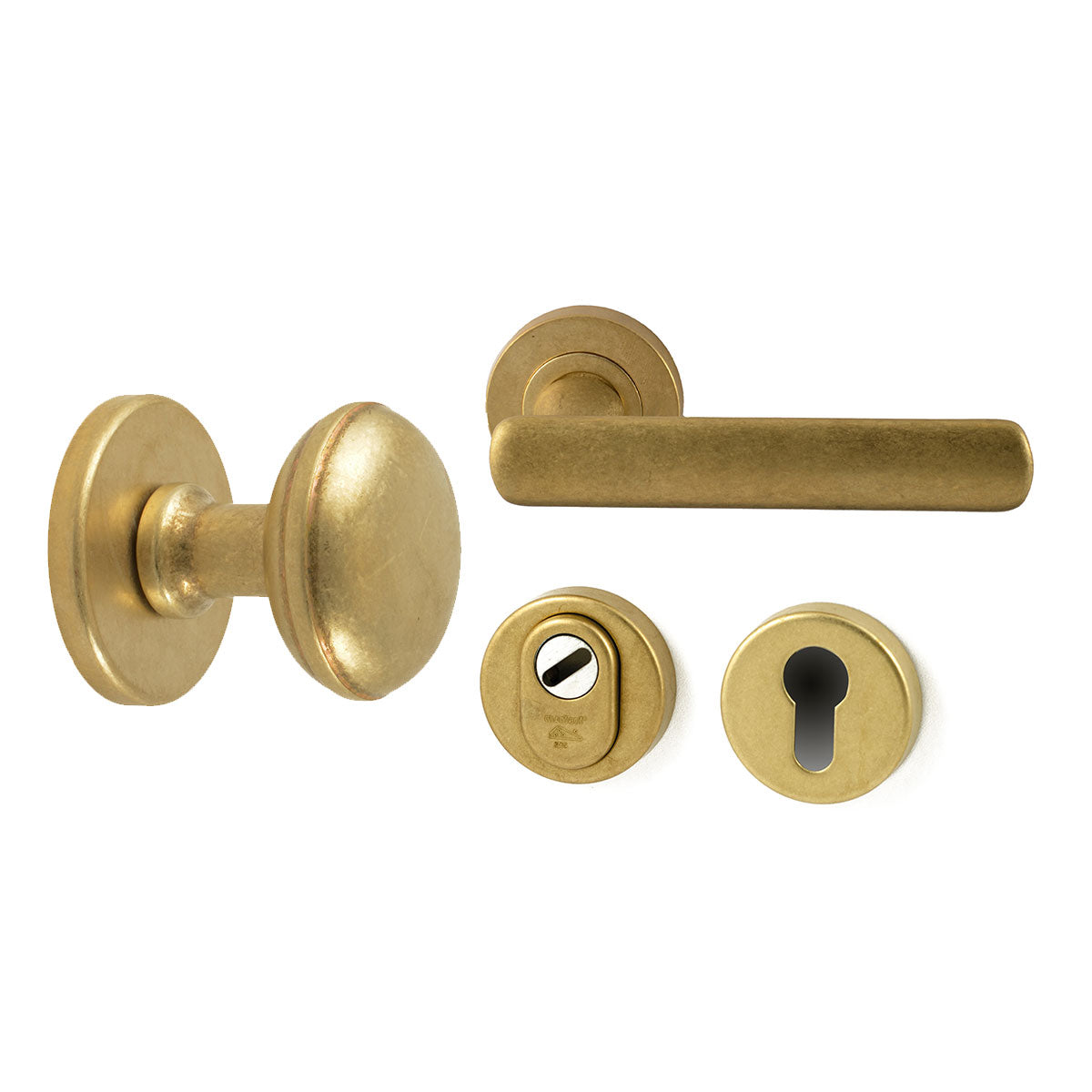 Hardbrass Voordeurset Saturnus/Shadow 3-delig rechtswijzend SKG3 | Messing Getrommeld - Deurbeslag-expert