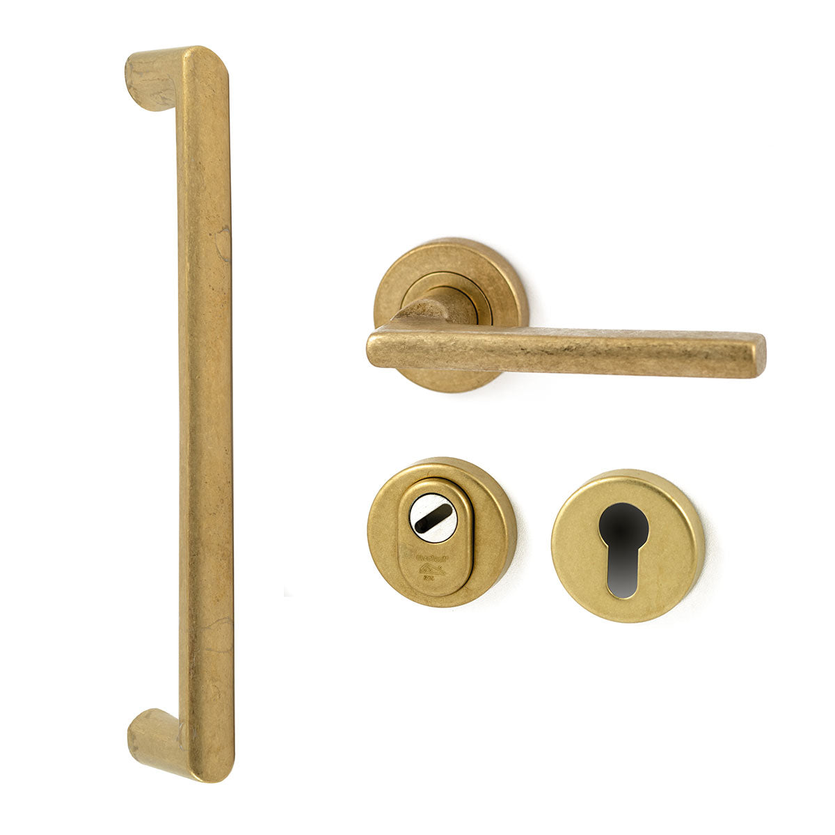 Hardbrass Voordeurset Sara 3-delig rechtswijzend met greep 265mm SKG3 | Messing Getrommeld - Deurbeslag-expert