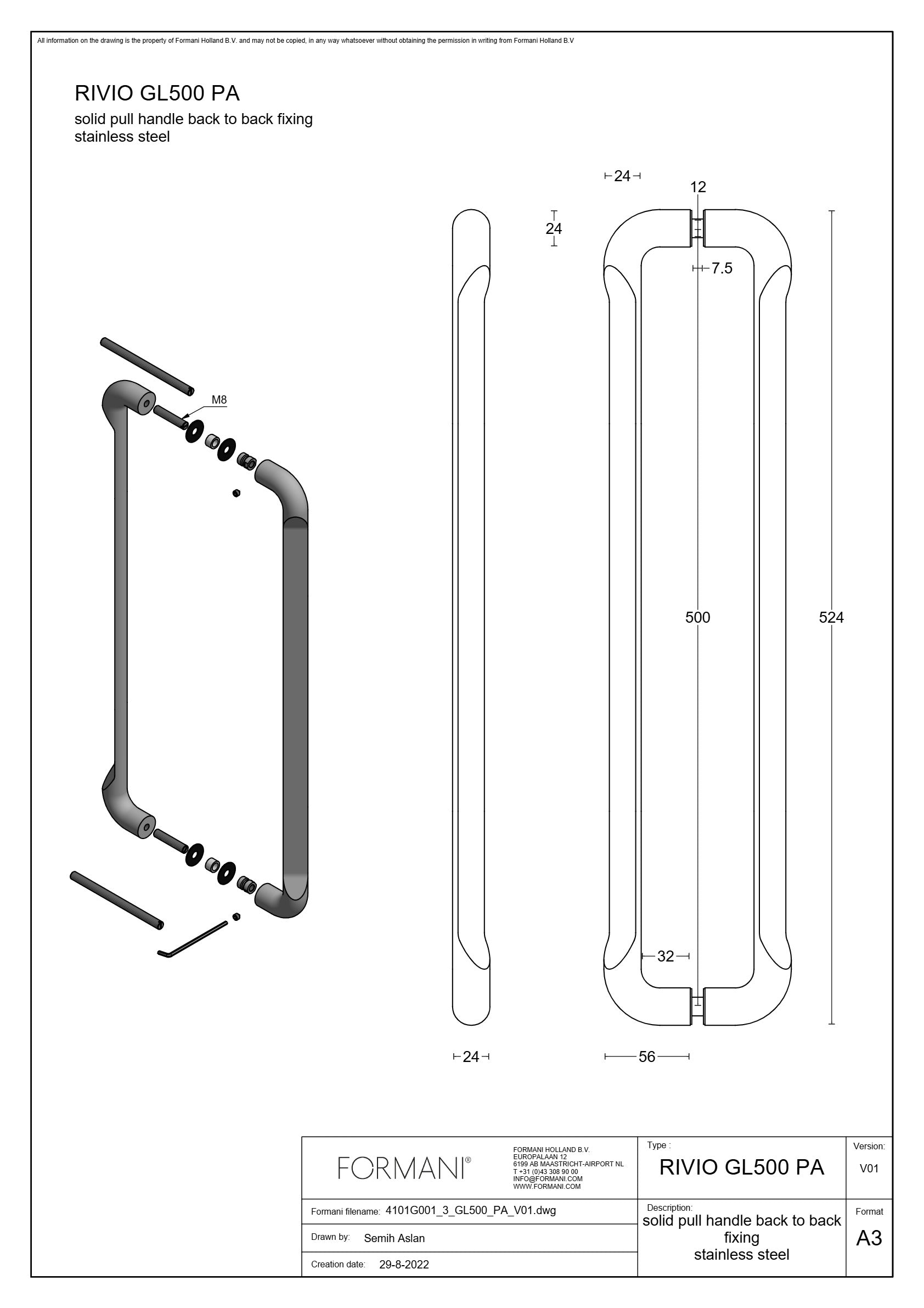 Formani | RIVIO GL500PA greep | Mat RVS | Paarsgewijze bevestiging - Deurbeslag-expert