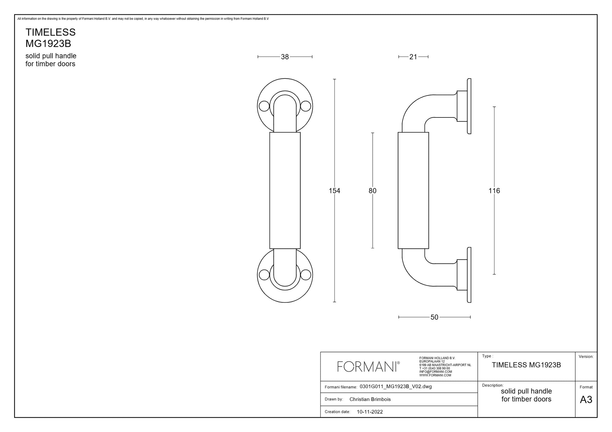 Formani | MG1923B | Deurgreep | messing ongelakt - Deurbeslag-expert