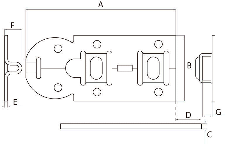 DX rolschuif vlak 120 mm verzinkt, maattekening met afmetingen