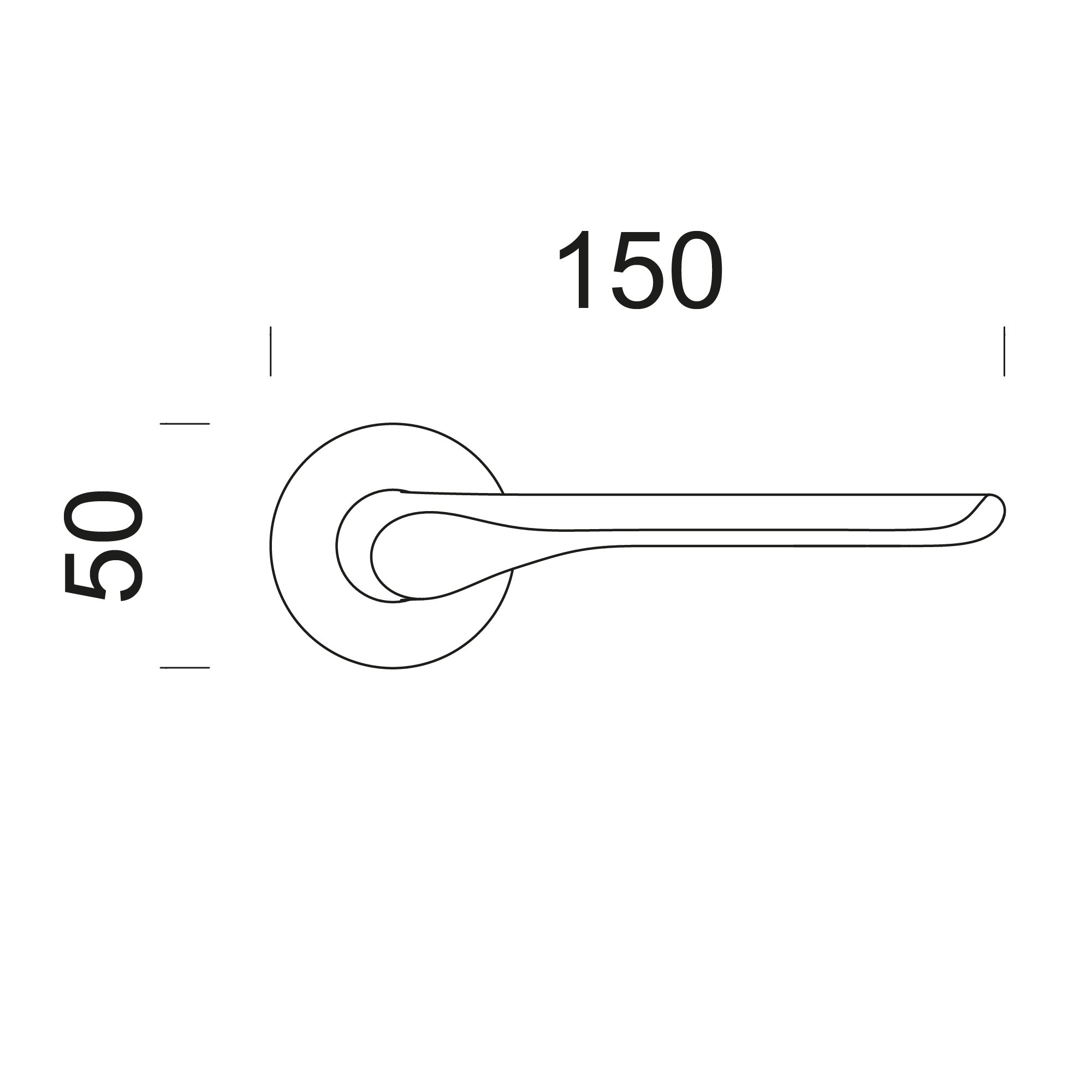 Technische tekening DND deurkruk Chop op ronde rozet – maatvoering en ø50 mm rozet