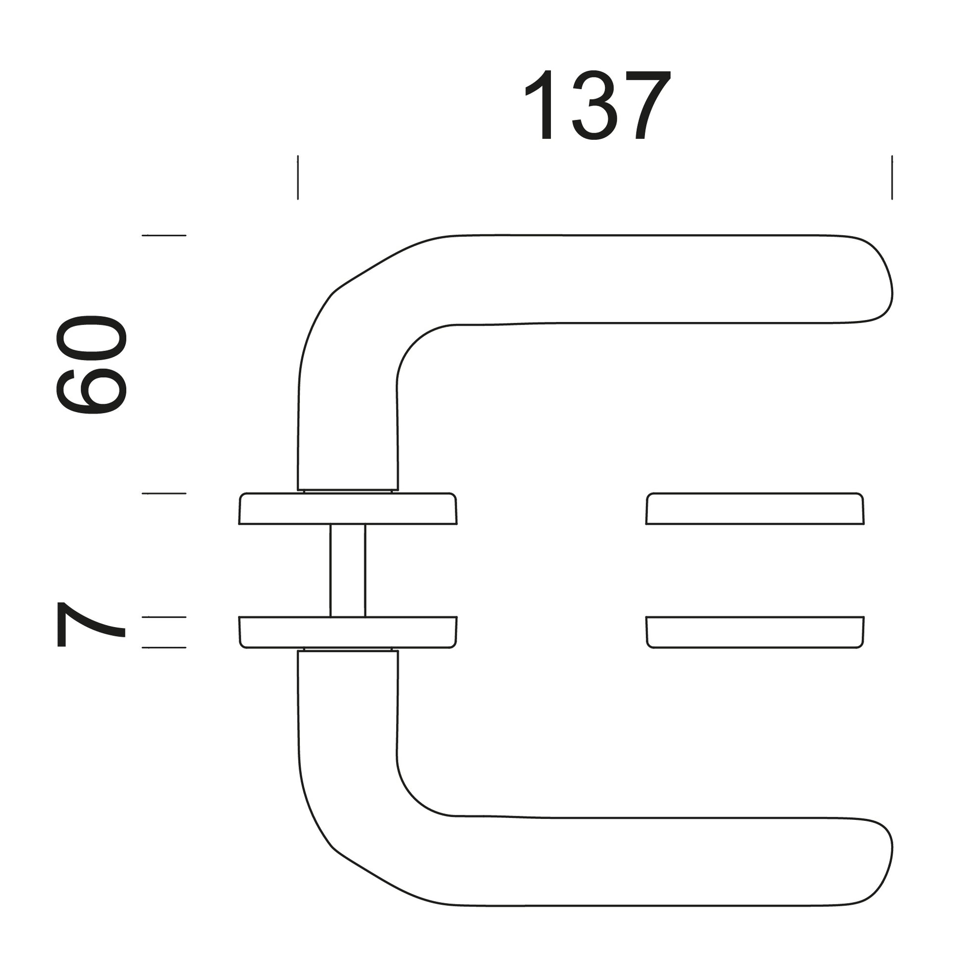 Technische tekening DND deurkruk Chop – montage en deurdikte 38-45 mm