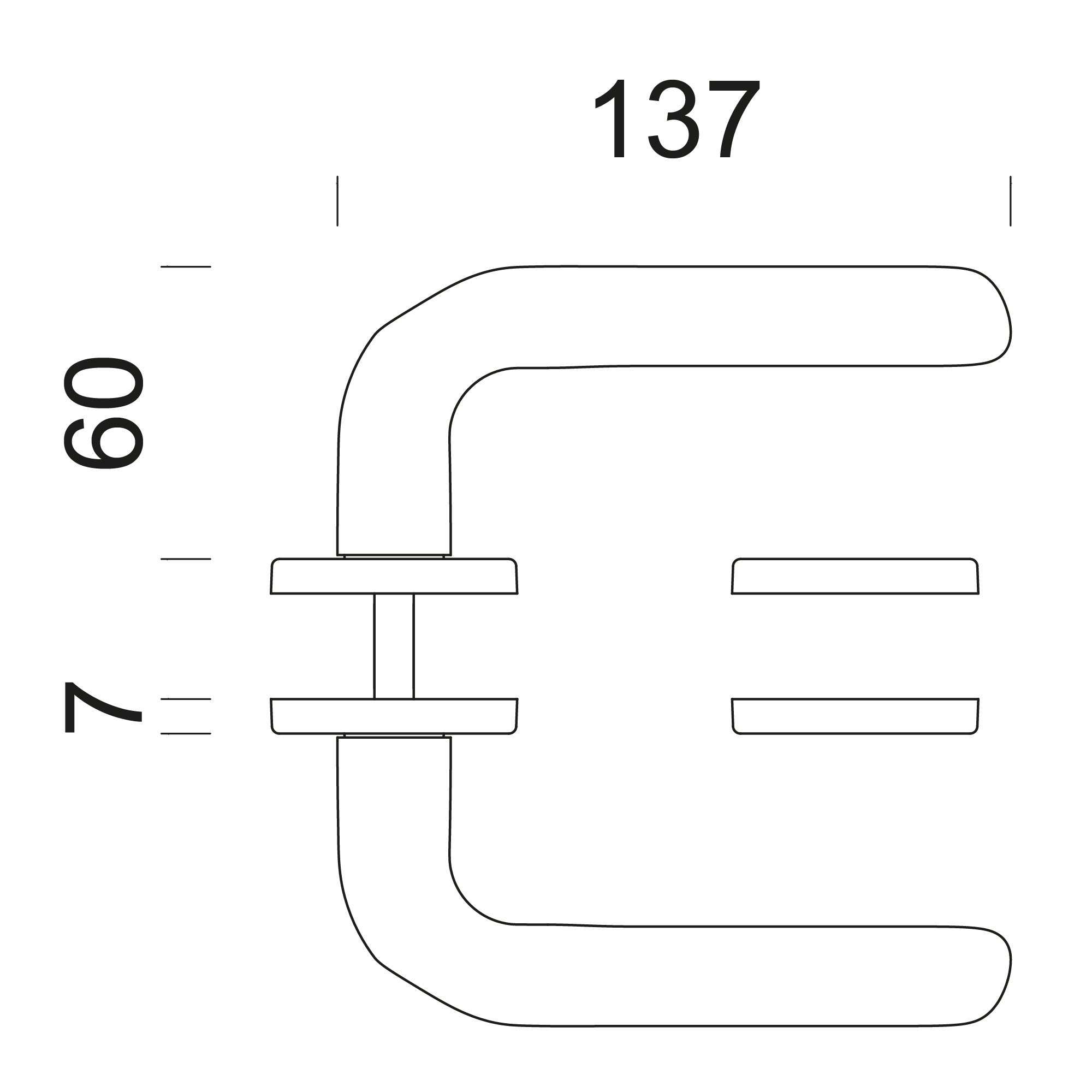 Technische tekening DND deurkruk Chop – montage en deurdikte 38-45 mm