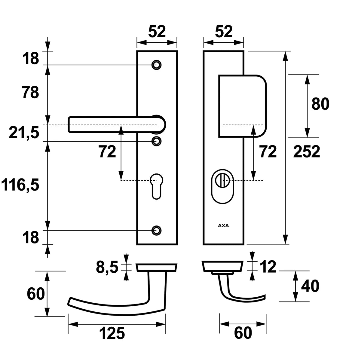 Veiligheidsbeslag Edge Plus D-duwer+krukBlok PC72 anti-kerntrek/omkeerbaar/252X52x12/alu. gesl. F1/SKG3
