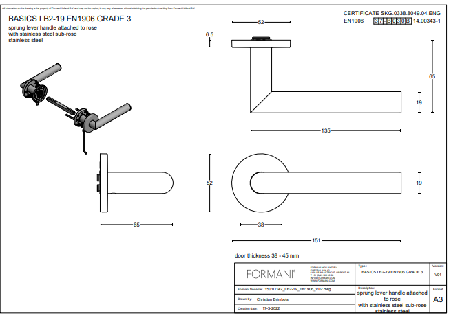 Formani | Deurkruk Geveerd LB2-19 op ronde rozet | EN1906 klasse 3 | PVD mat roestvast staal - Deurbeslag-expert