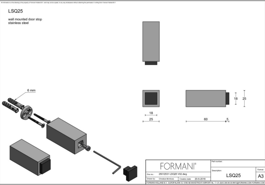 Formani | Deurstoppen Wand | LSQ25 | 60mm | Mat Zwart - Deurbeslag-expert