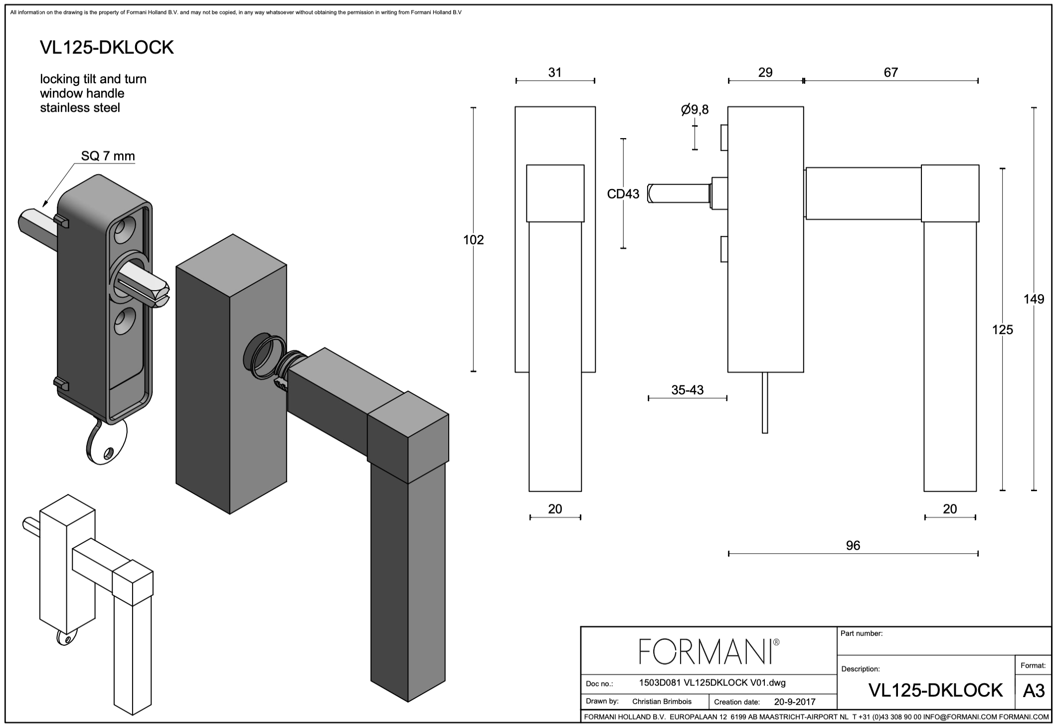 Formani VL125-DKLOCK draaikiepgarnituur afsluitbaar mat roestvast staal rechtsdraaiend - Deurbeslag-expert