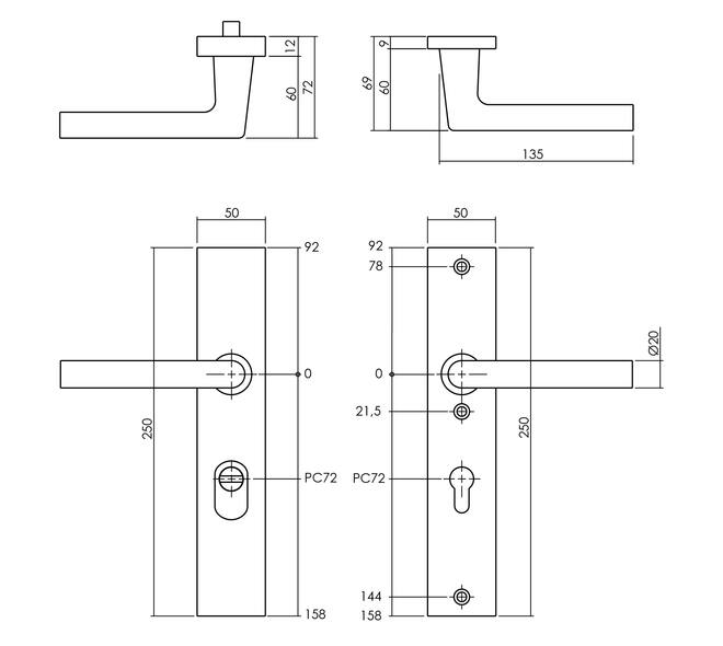 Intersteel | Veiligheidsbeslag met kerntrekbeveiliging | Geveerd kruk/kruk | Voordeurbeslag | PC55/72 | SKG3 | Rechthoekig | Aluminium Zwart - Deurbeslag-expert