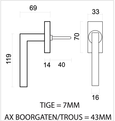 HDD Pro raamkruk Kubic Shape mat brons technische tekening